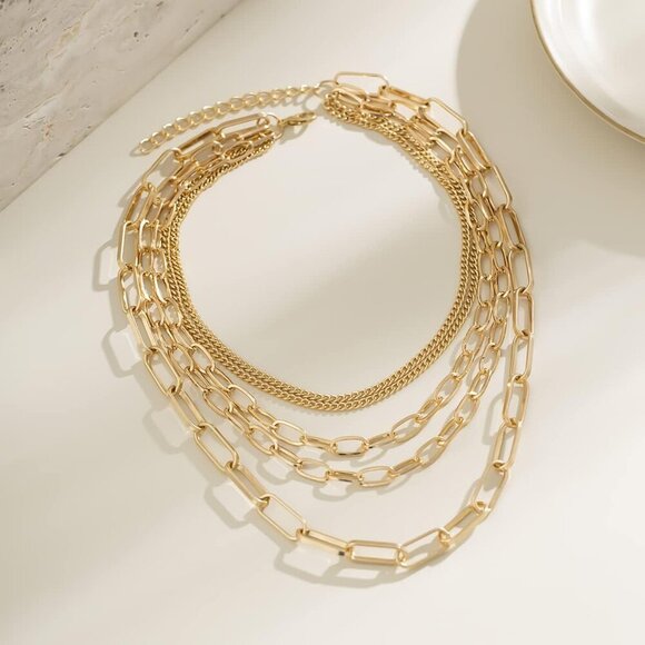 Layered Chain Necklaces for women 18 Inch Gold Plated Paperclip Chain Silver Ton - Picture 5 of 7